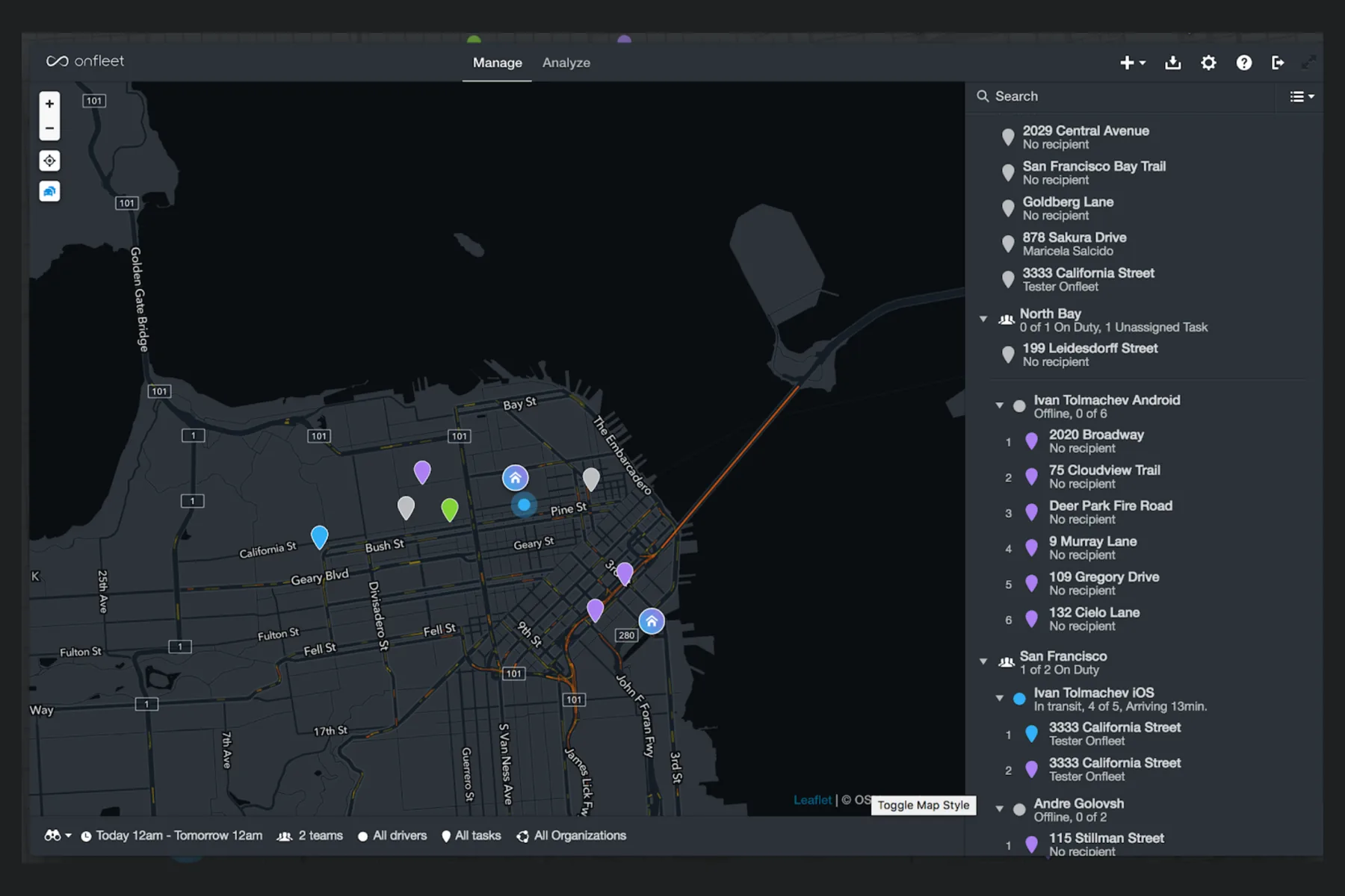 Onfleet dispatch dashboard