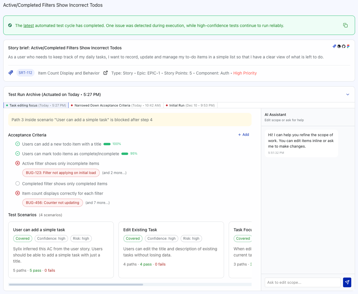 AI-First QA Platform — Product UI · Automated test & bug tracking